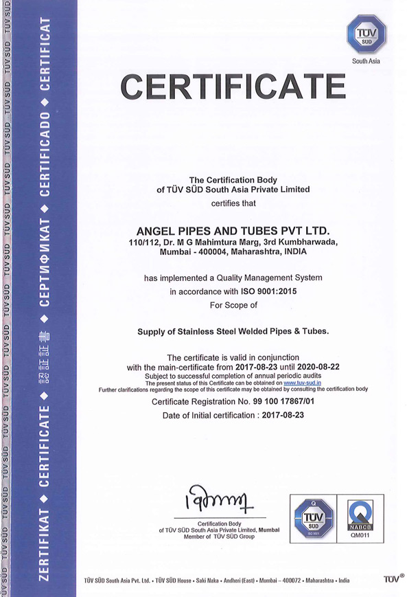 Certification Angel Pipes & Tubes Pvt. Ltd.