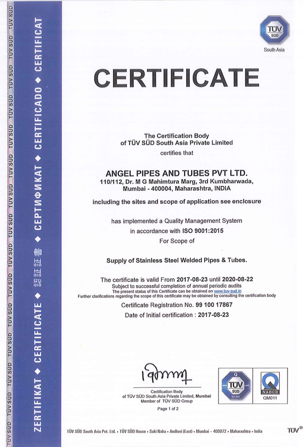 Certification Angel Pipes & Tubes Pvt. Ltd.