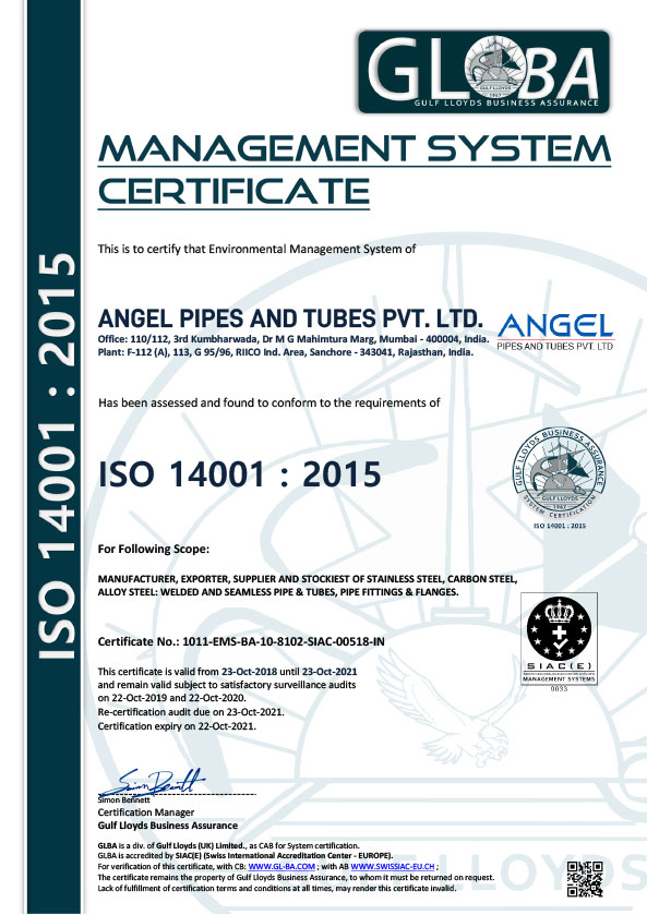 Certification Angel Pipes & Tubes Pvt. Ltd.