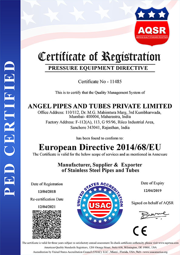 Certification Angel Pipes & Tubes Pvt. Ltd.